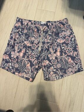 surf style Navy and Pink Tropical Swim Trunks